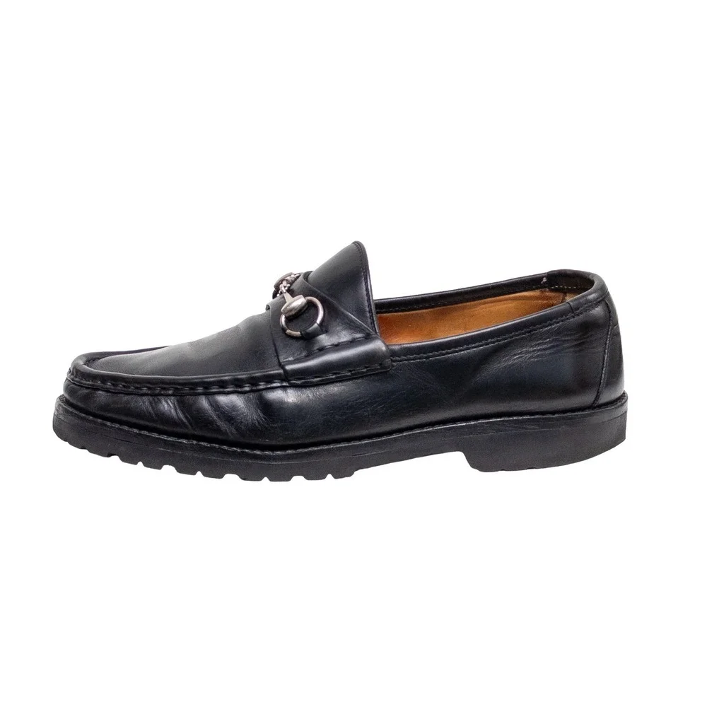 Gucci Vintage Mens Black Leather Horsebit Loafers Vibram Lug Sole Size 10